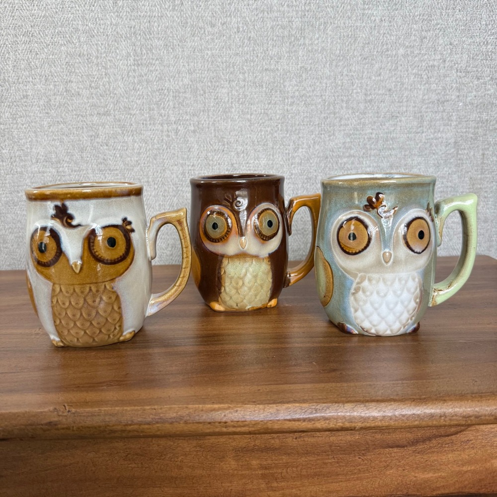 Gibson Home Owl Coffee Mugs Set of 3‎ Reactive Glaze Ceramic Brown Green Cream